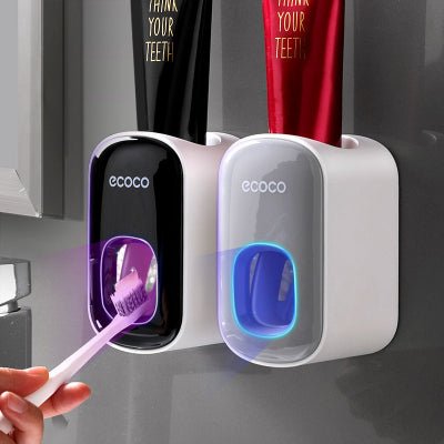 Automatic toothpaste dispenser wall mounted with toothbrush holder - Qoveri